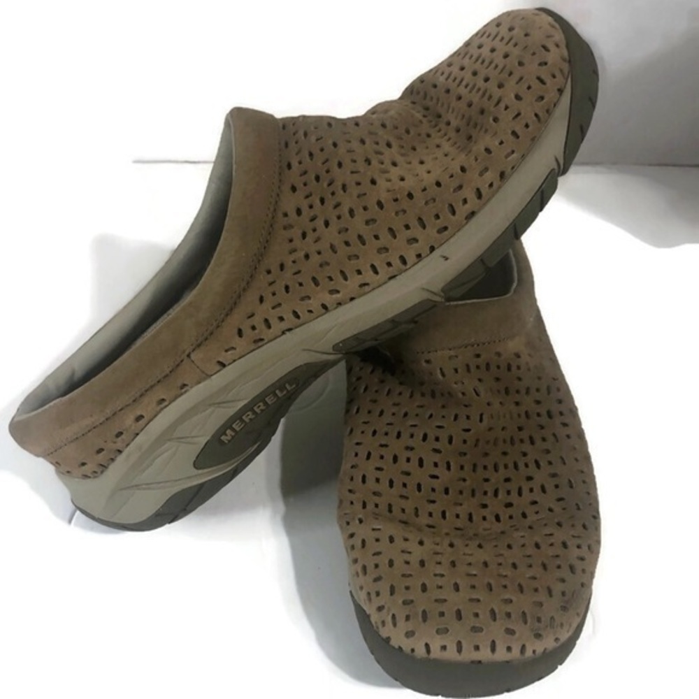 Merrell Womens Brindle Tan Suede Mules /clog Shoes Size 8.5